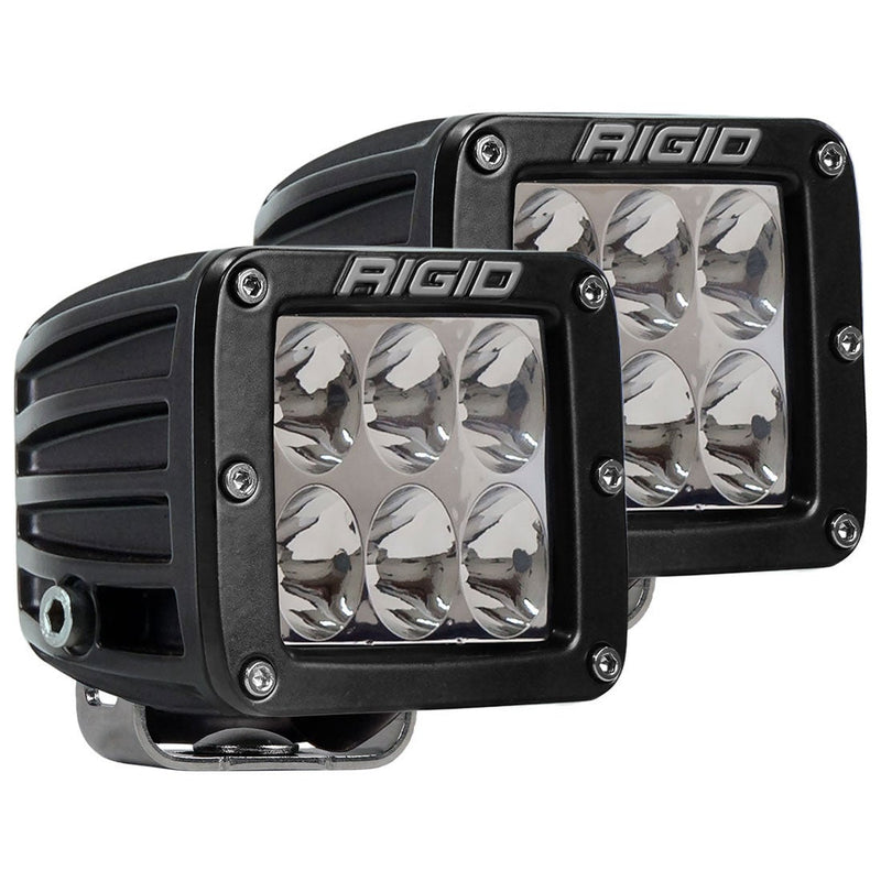 Rigid D-Series PRO Specter Pods Pair on a studio background: A pair of black square LED pods with six-LED driving optics on a white background