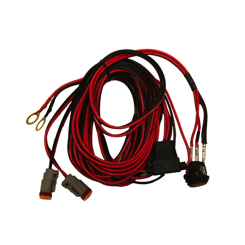 Rigid D-Series & SR-Q Series Pairs Wire Harness on a studio background: A coiled red and black pair wiring harness with two connectors and a rocker switch on a white background