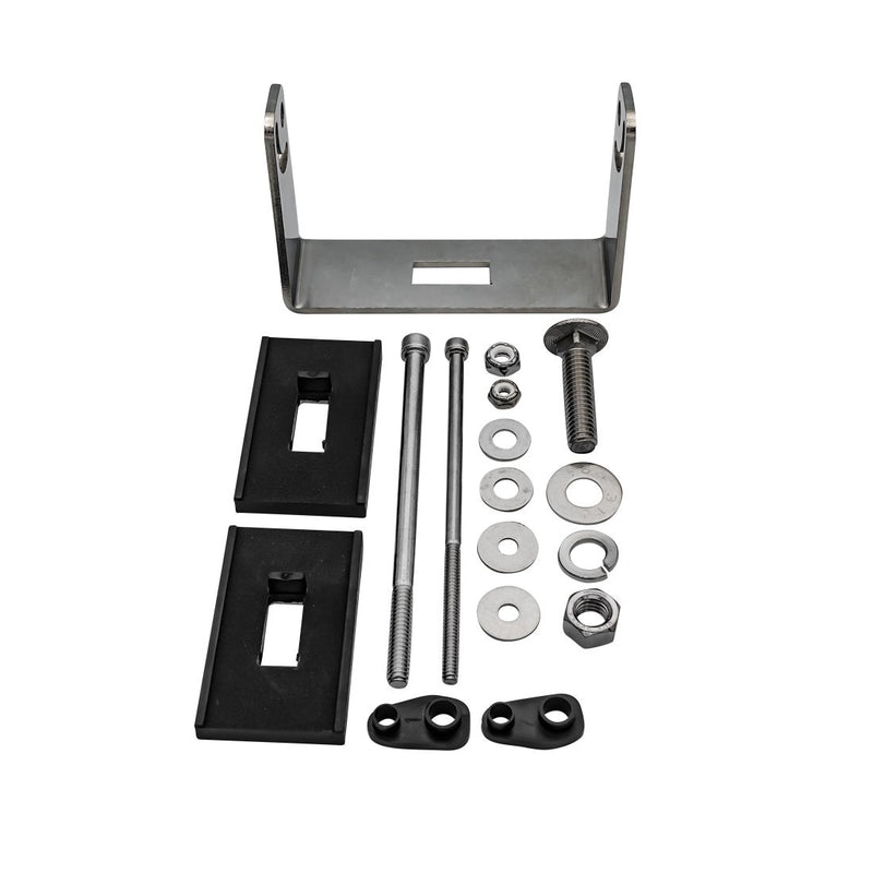 Rigid D-XL Hardware Kit, kit contents laid out: stainless steel mounting bracket with black rubber pads, long bolts, washers, nuts and clips on a white background