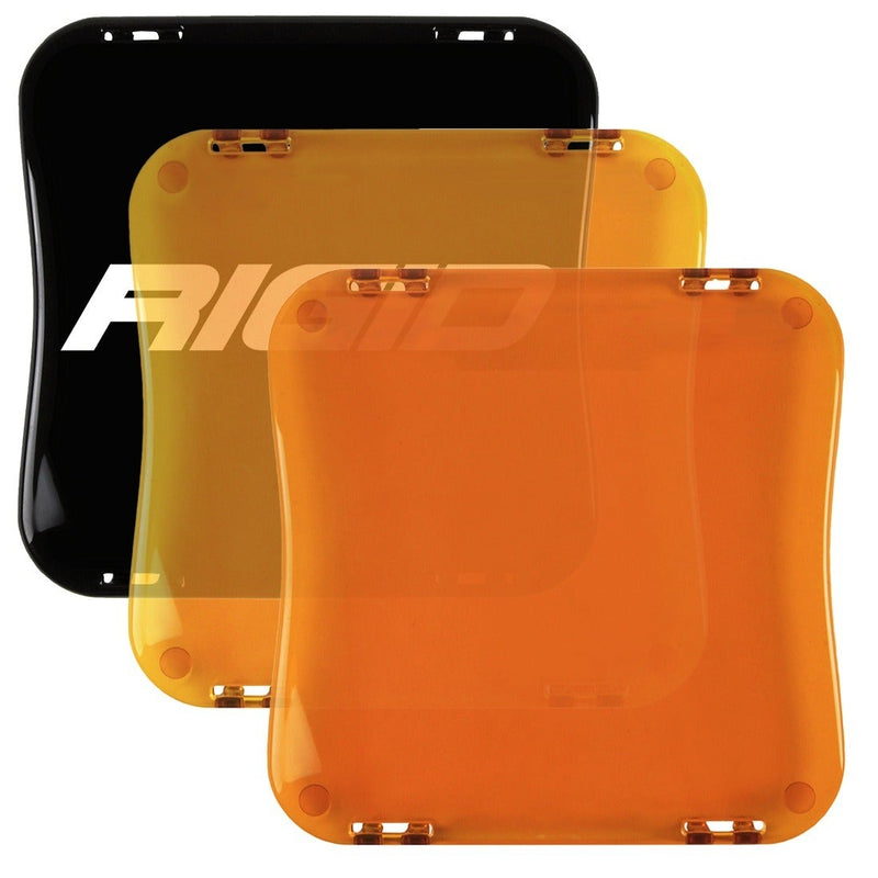 Rigid D-XL Pod Cover, kit contents laid out: three D-XL pod covers in black, yellow and orange amber layered on a white background