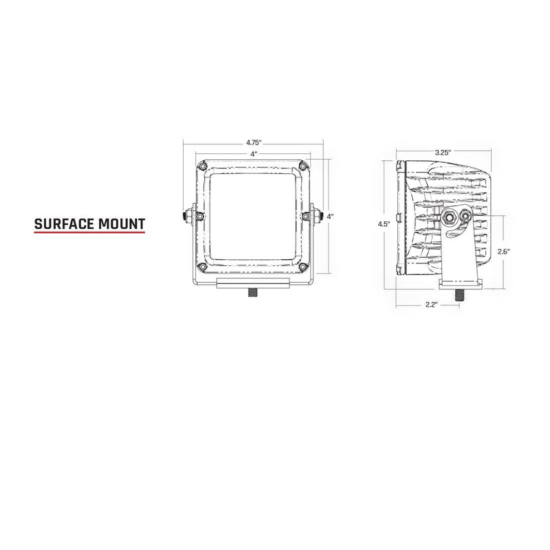 Rigid D-XL PRO Pods Pair: front and side line drawings of a D-XL pod labeled surface mount with dimension callouts