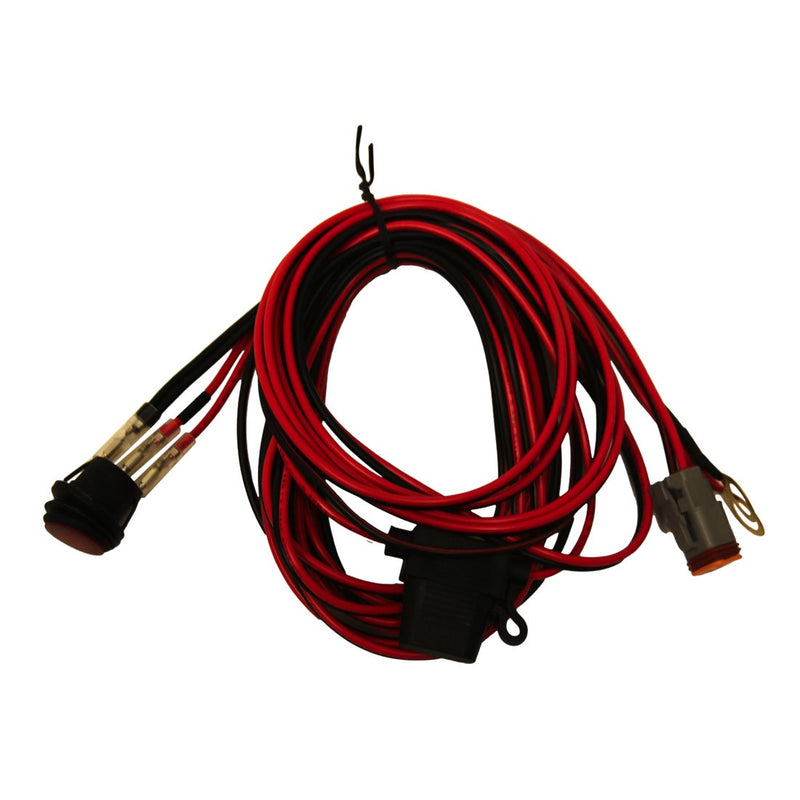 Rigid E-Series 4 and 6" & SR-Series 10" Wire Harness on a studio background: red and black light wire harness with a rocker switch, inline fuse holder, ring terminal and Deutsch plug on a white background