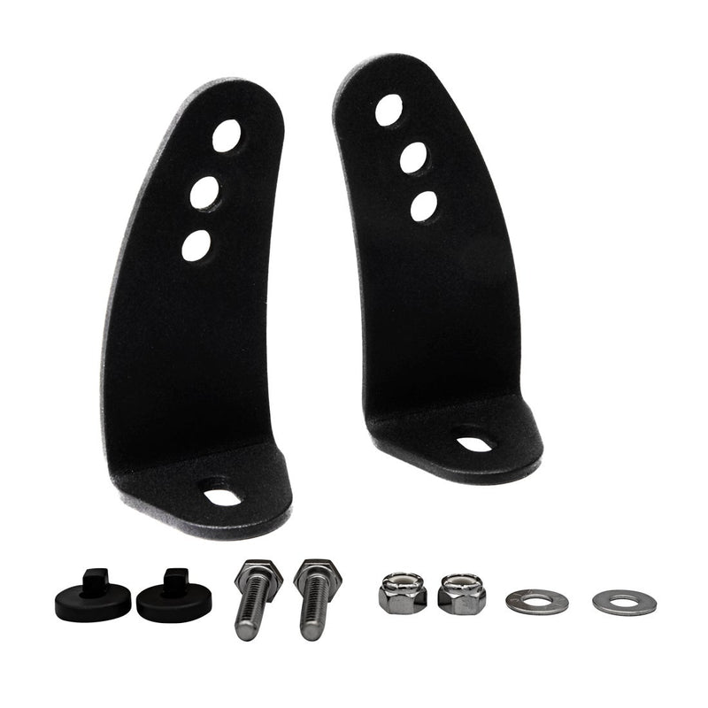 Rigid E-Series L Bracket Kit, kit contents laid out: two black curved L brackets with rubber isolators, bolts, lock nuts and washers on a white background