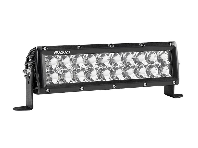 Rigid E-Series PRO 10" on a studio background: A black 10" E-Series PRO flood light bar with a clear lens and mounting feet on a white background