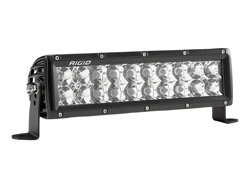 Rigid E-Series PRO 10" on a studio background: A black 10" E-Series PRO combo light bar with clear spot and flood optics on a white background