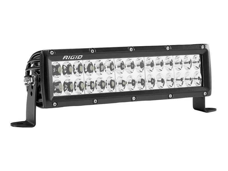 Rigid E-Series PRO 10" on a studio background: A black 10" E-Series PRO driving light bar with clear optics on a white background
