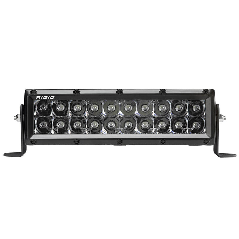 Rigid E-Series PRO 10" on a studio background: A black 10" E-Series PRO light bar with dark midnight spot optics and end brackets on a white background
