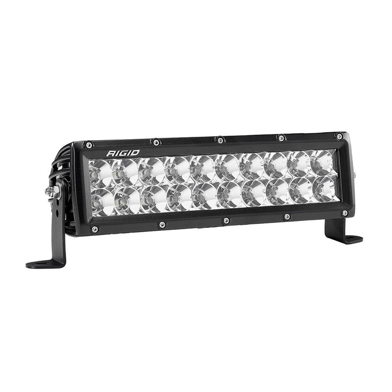 Rigid E-Series PRO 10" on a studio background: A black 10" E-Series PRO flood light bar with a clear lens on mounting feet, angled on a white background