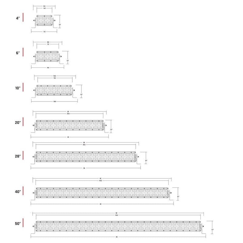 Rigid E-Series PRO 10": line drawings of E-Series PRO light bars in every length from 4" to 50" with dimension callouts