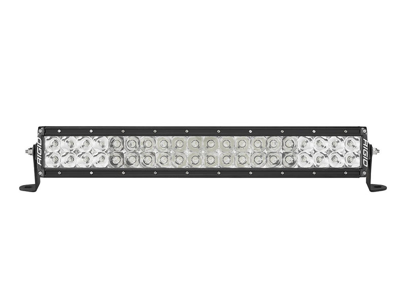 Rigid E-Series PRO 20" on a studio background: black 20" dual-row E-Series PRO LED light bar with clear lenses and driving optics on end-mount brackets against white
