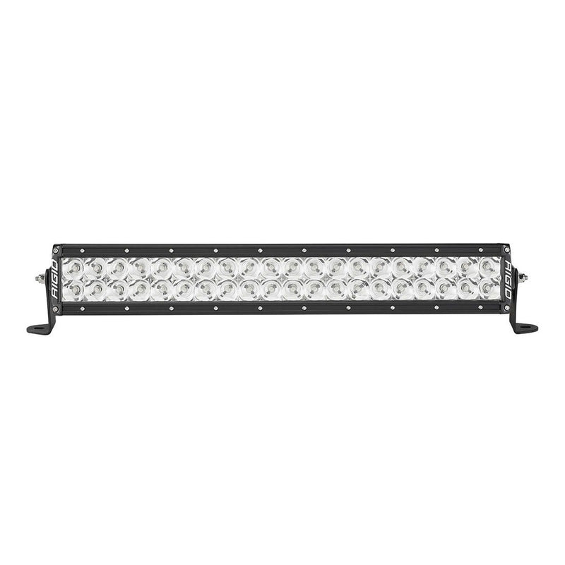 Rigid E-Series PRO 20" on a studio background: black 20" dual-row E-Series PRO LED light bar with clear lenses and spot optics on end-mount brackets against white