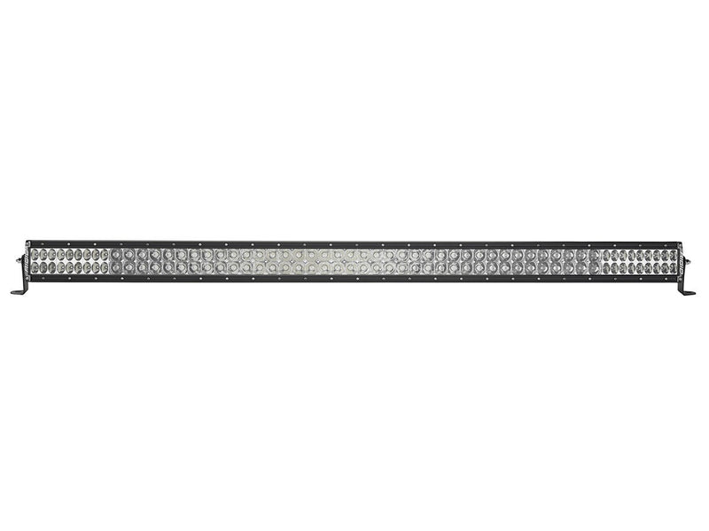 Rigid E-Series PRO 50" on a studio background: black 50" dual-row E-Series PRO LED light bar with clear lenses and combo optics on end-mount brackets against white