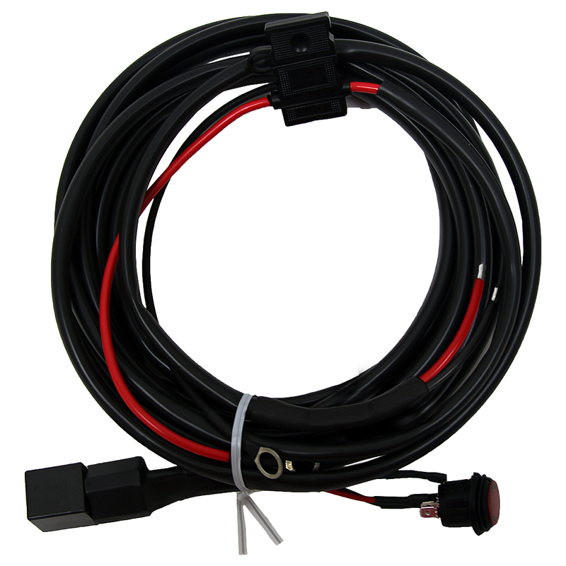 Rigid High Power Wiring Harness for the E-Series, SR-Series, RDS-Series, and Q-Series Lights on a studio background: A coiled black high power wiring harness with a relay, fuse holder and rocker switch on a white background