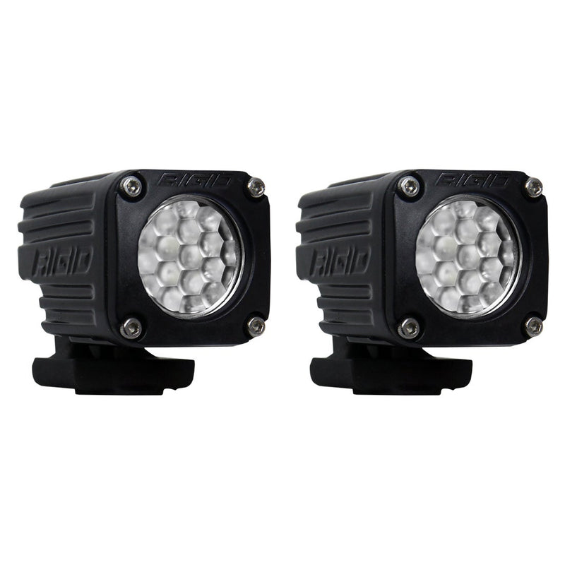 Rigid Ignite Flood Diffused Pods Backup Kit on a studio background: A pair of black compact LED pods with round diffused lenses on a white background