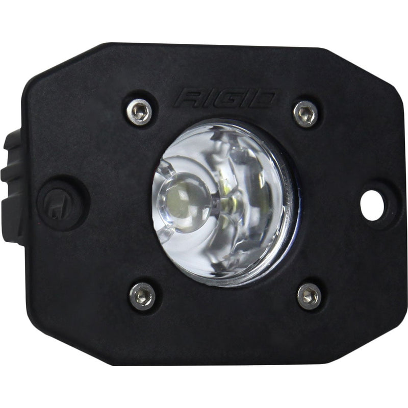 Rigid Ignite Flush Mount on a studio background: black Ignite flush mount light with a clear spot optic, front view on white