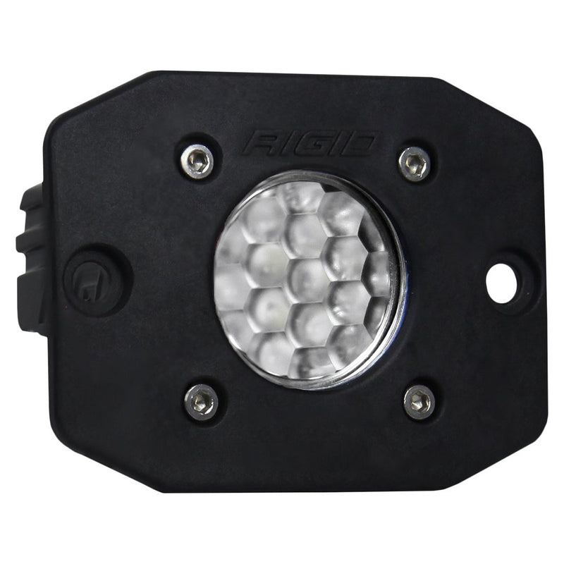 Rigid Ignite Flush Mount on a studio background: black Ignite flush mount light with a diffused faceted lens, front view on white