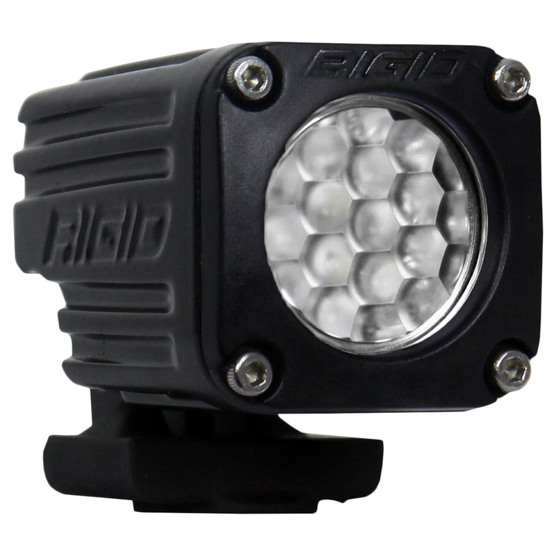 Rigid Ignite Pod on a studio background: black Ignite pod with a diffused faceted lens on its mounting base, three-quarter view on white