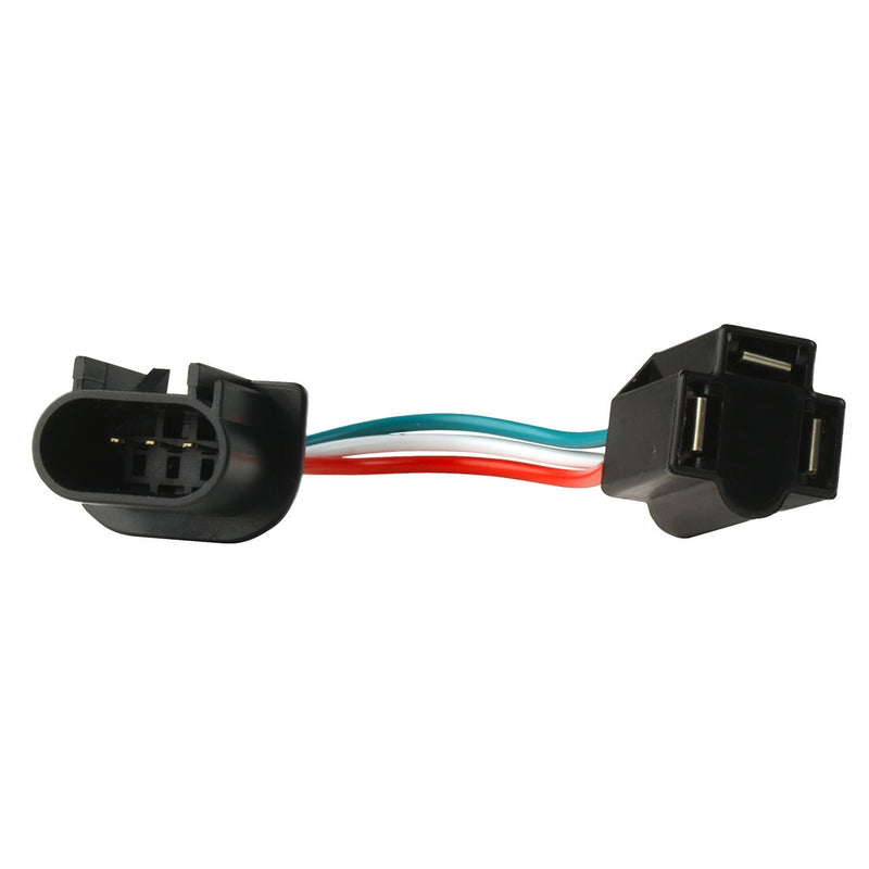 Rigid LED Headlight H13 to H4 Adaptor on a studio background: headlight adapter with an H13 plug and an H4 socket joined by green, white and red wires