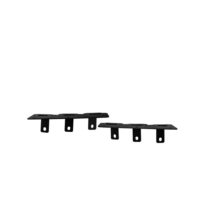 Rigid Mod Bumper Fog Mounts, kit contents laid out: A pair of black triple-tab fog light mounting brackets on a white background