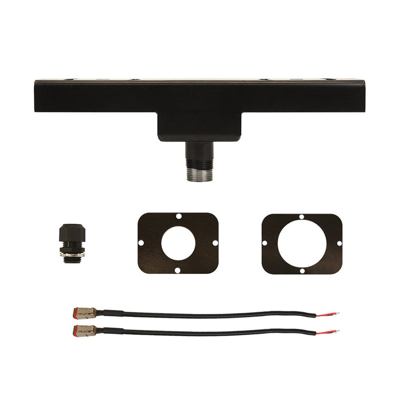 Rigid Pole Mount Kit Black: black pole mount crossbar with base, two mounting plates, grommet and wire leads, on white