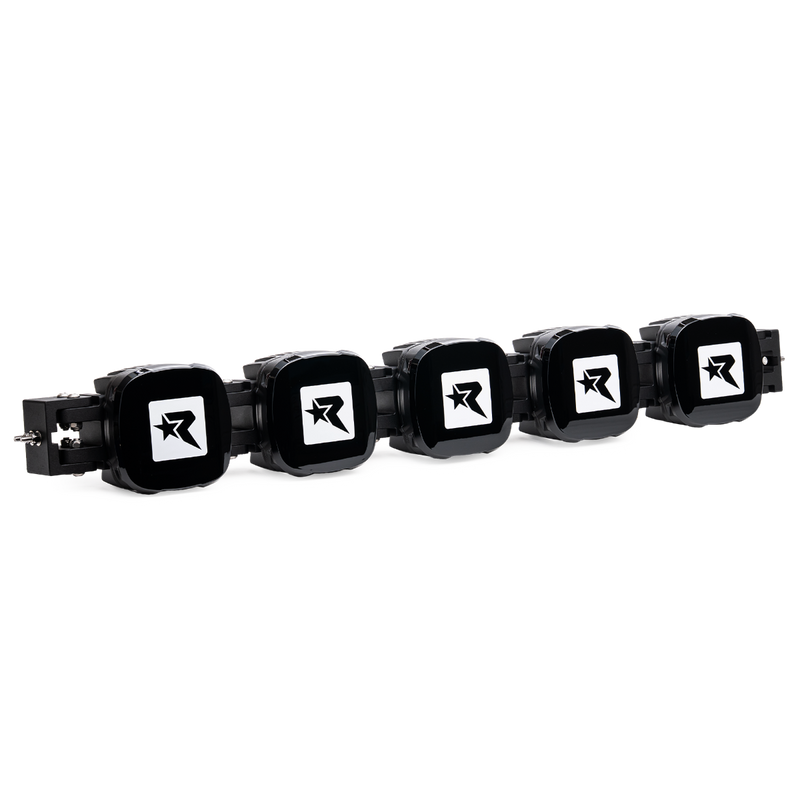 Rigid Phoenix 40" Connect Bar on a studio background: five-pod connect bar fitted with black Rigid R covers against a black background