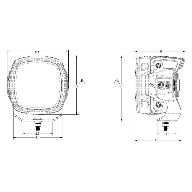 Rigid Phoenix Light Pod: front and side line drawings of the pod with dimension figures