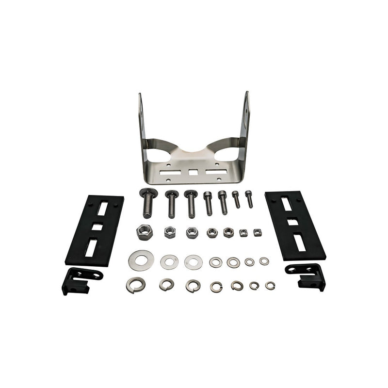 Rigid Q-Series Hardware Kit, kit contents laid out: Q-Series hardware kit laid out on white with a stainless mounting bracket, black side plates, small brackets, bolts, nuts and washers