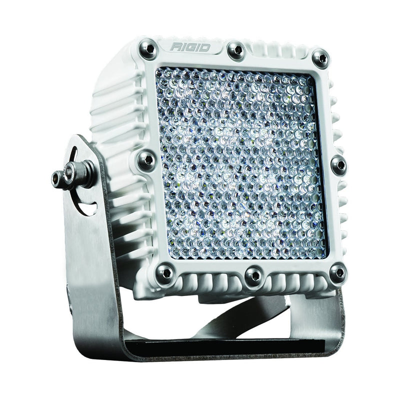 Rigid Q-Series PRO Flood Diffused Pod White on a studio background: white-housing Q-Series PRO square pod with a diffused frosted flood lens on a bracket, on white