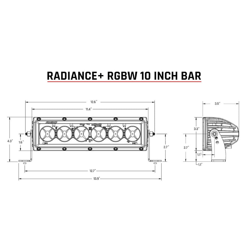 Rigid Radiance+ 10" RGBW: dimension line drawing of the Radiance+ RGBW 10" bar with front and side views and measurements