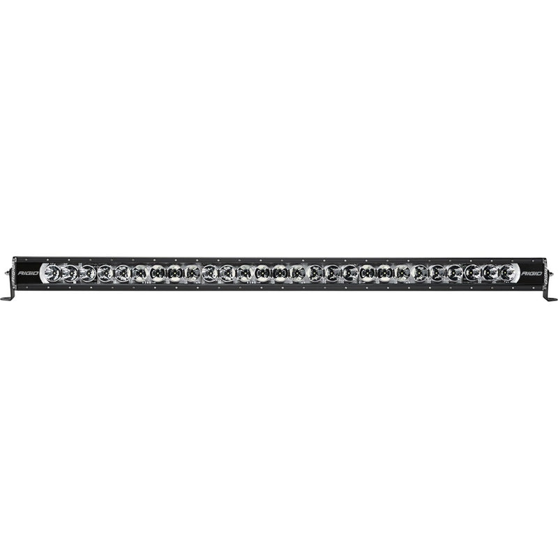 Rigid Radiance+ 50" RGBW on a studio background: black 50" Radiance+ LED light bar with a row of round optics on a white background