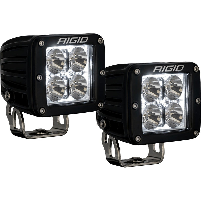 Rigid Radiance+ Pod RGBW Pair on a studio background: pair of black Radiance+ pods angled side by side with four optics each, white backlights and stainless brackets