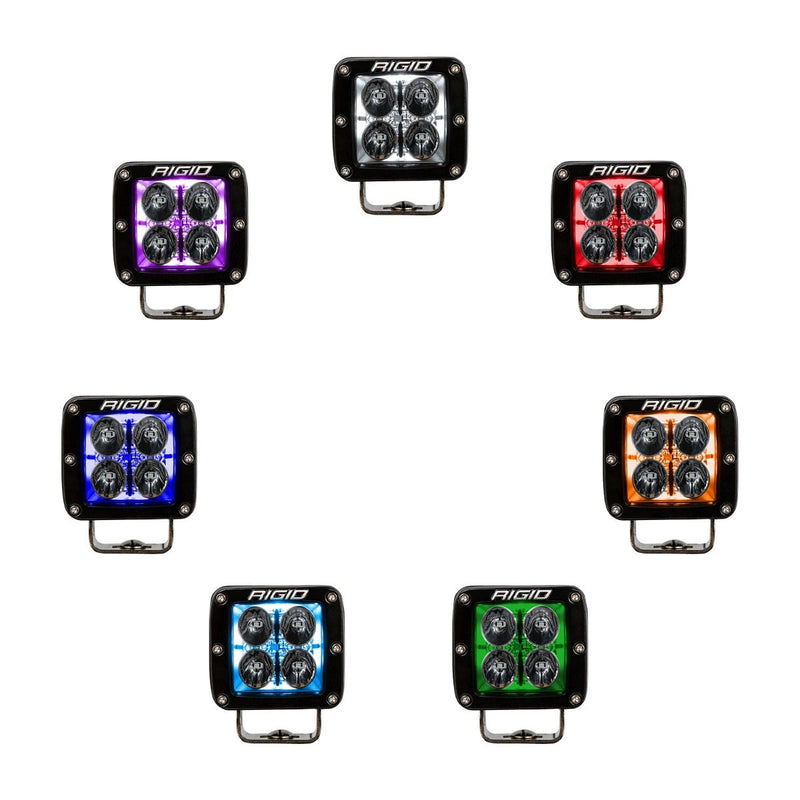 Rigid Radiance+ Pod RGBW Pair on a studio background: seven Radiance+ pods arranged in a circle on white, each lit in a different RGBW backlight color