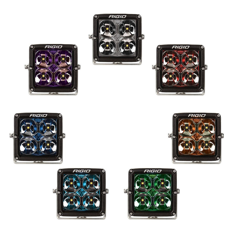 Rigid Radiance+ Pod XL RGBW Pair on a studio background: seven Radiance+ XL pods arranged in a circle on white, each lit in a different RGBW backlight color