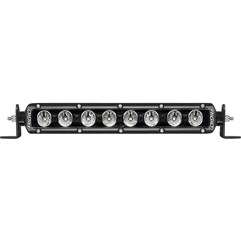 Rigid Radiance+ SR-Series 10" RGBW on a studio background: black 10" Radiance+ SR-Series light bar with eight optics and side mounting brackets on white