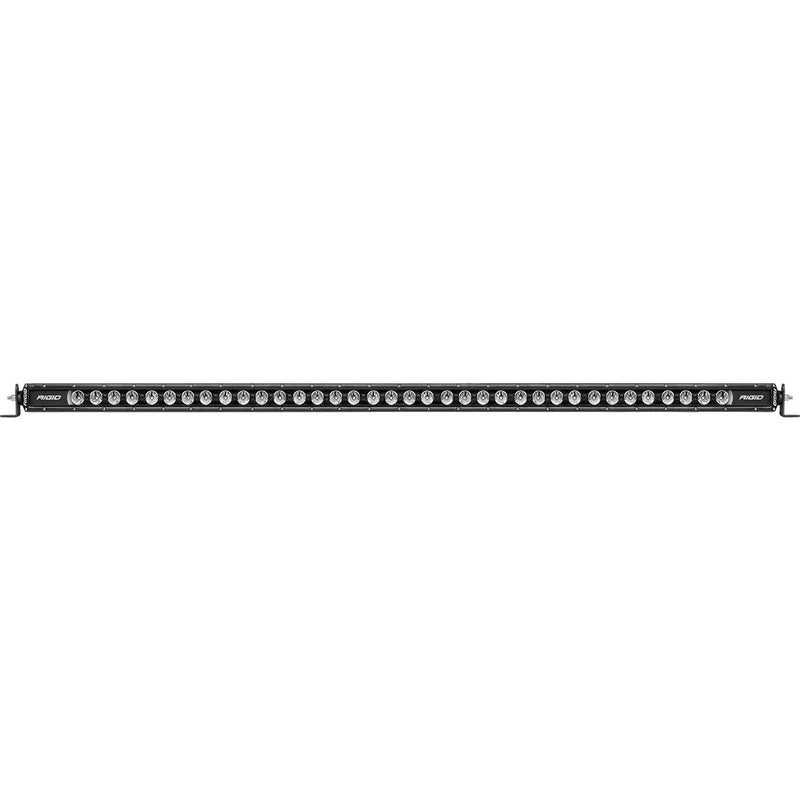 Rigid Radiance+ SR-Series 50" RGBW on a studio background: front view of a very long black Radiance+ SR-Series single-row LED light bar with end brackets on white