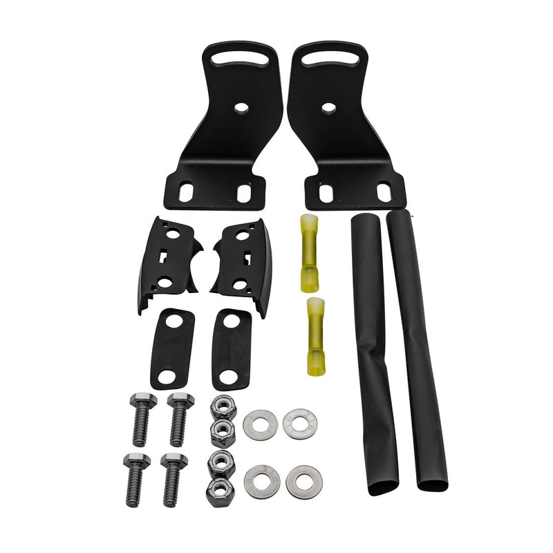 Rigid RDS-Series Hardware Kit Black, kit contents laid out: black steel mounting brackets, clamp pieces, bolts, nuts, washers, two yellow butt connectors and heat-shrink tubing laid out on white