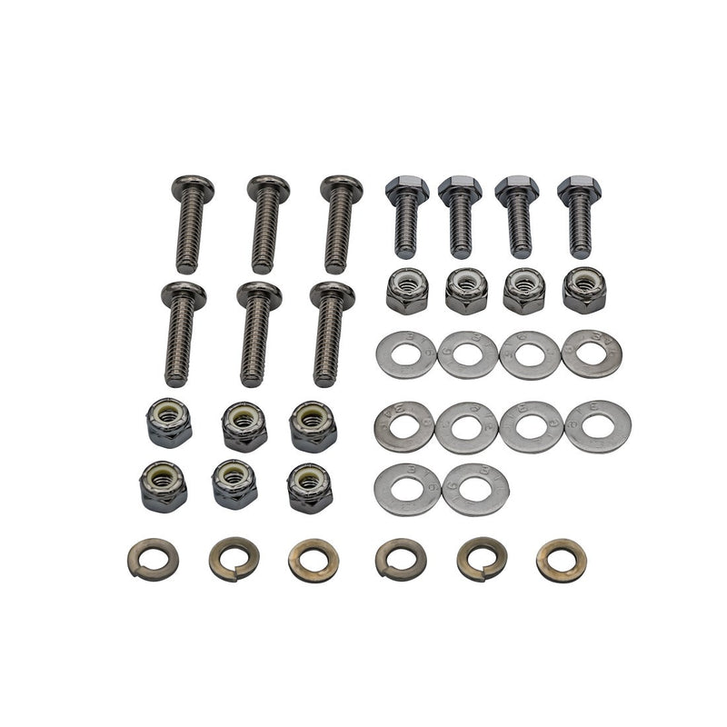 Rigid RDS-Series Hardware Kit White, kit contents laid out: stainless bolts, nylock nuts, flat washers and lock washers laid out in rows on white