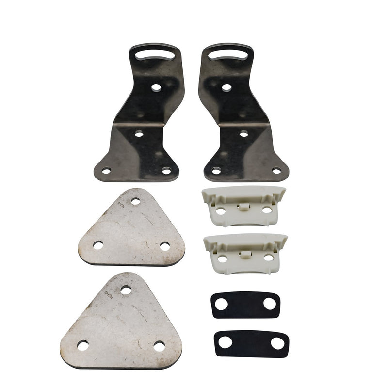 Rigid RDS-Series Hardware Kit White, kit contents laid out: two metal mounting brackets, two triangular plates, white clamp pieces and black rubber pads laid out on white; finish looks silver rather than white