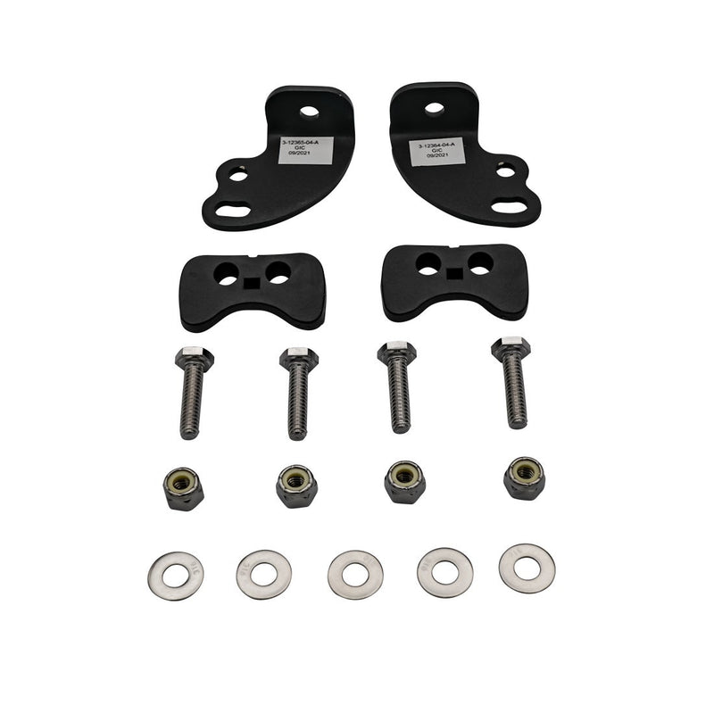 Rigid RDS-SR Series Hardware Kit Black, kit contents laid out: two black mounting brackets, two black clamp blocks, four bolts, nylock nuts and washers laid out on white