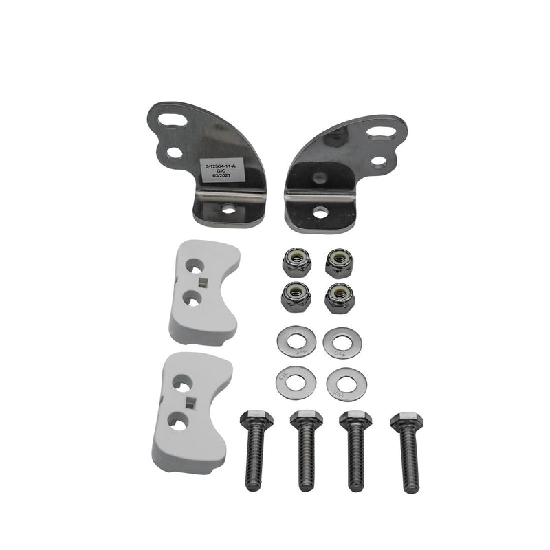 Rigid RDS-SR Series Hardware Kit White, kit contents laid out: two stainless side brackets, two white mounting blocks, bolts, washers and nuts on a white background