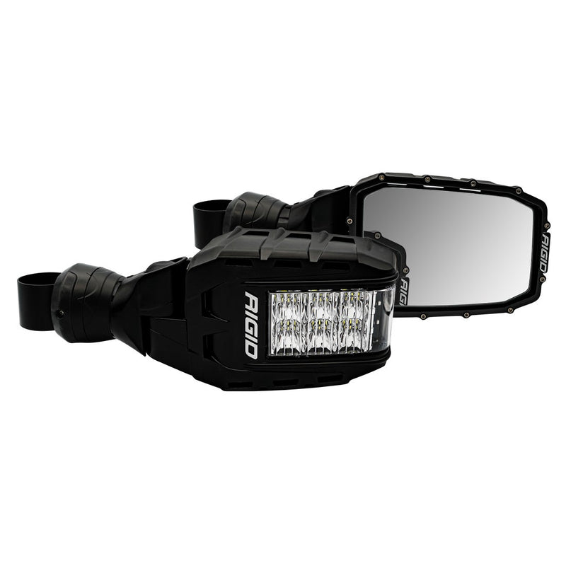 Rigid Reflect Side Mirror Lights Pair on a studio background: pair of black Reflect side mirrors with clamp mounts, one turned to show its LED light and the other its mirror glass, on white