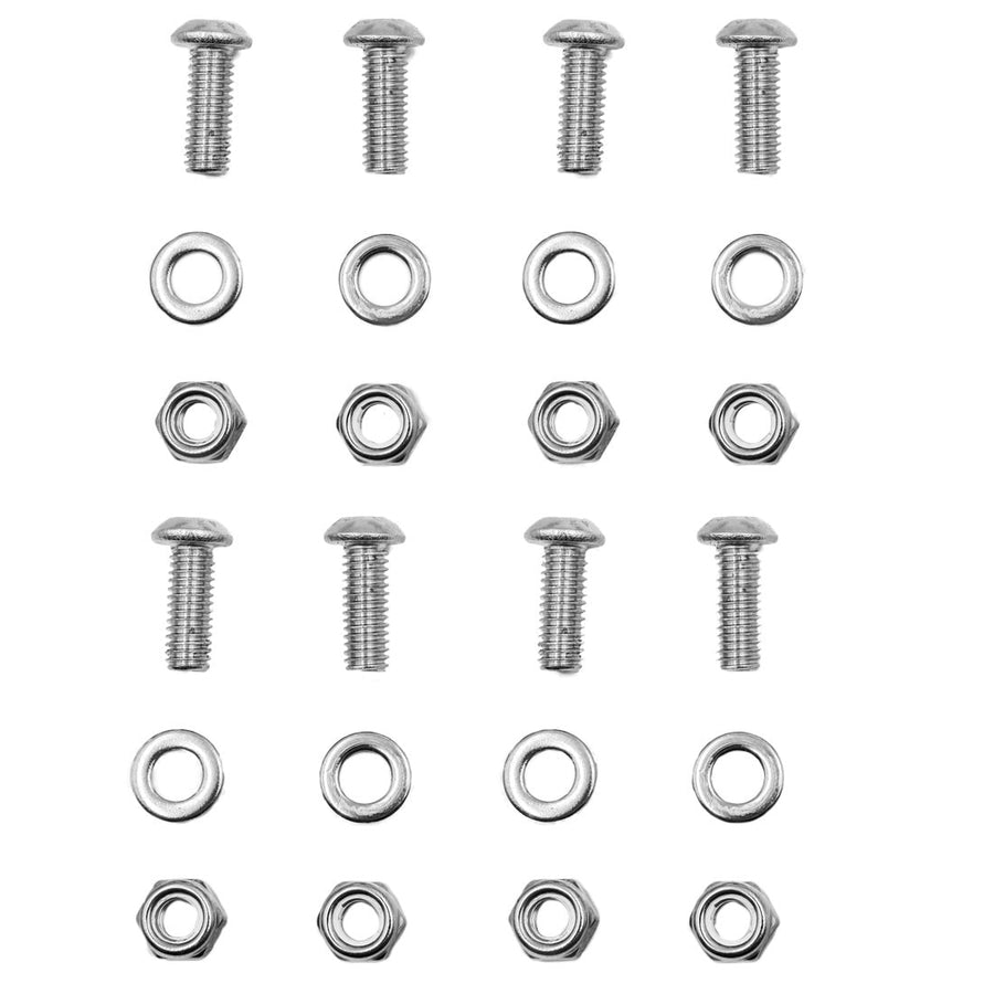 Vehicle-Specific Light Kits by Rigid: Eight bolts with washers and nuts laid out on a white background.
