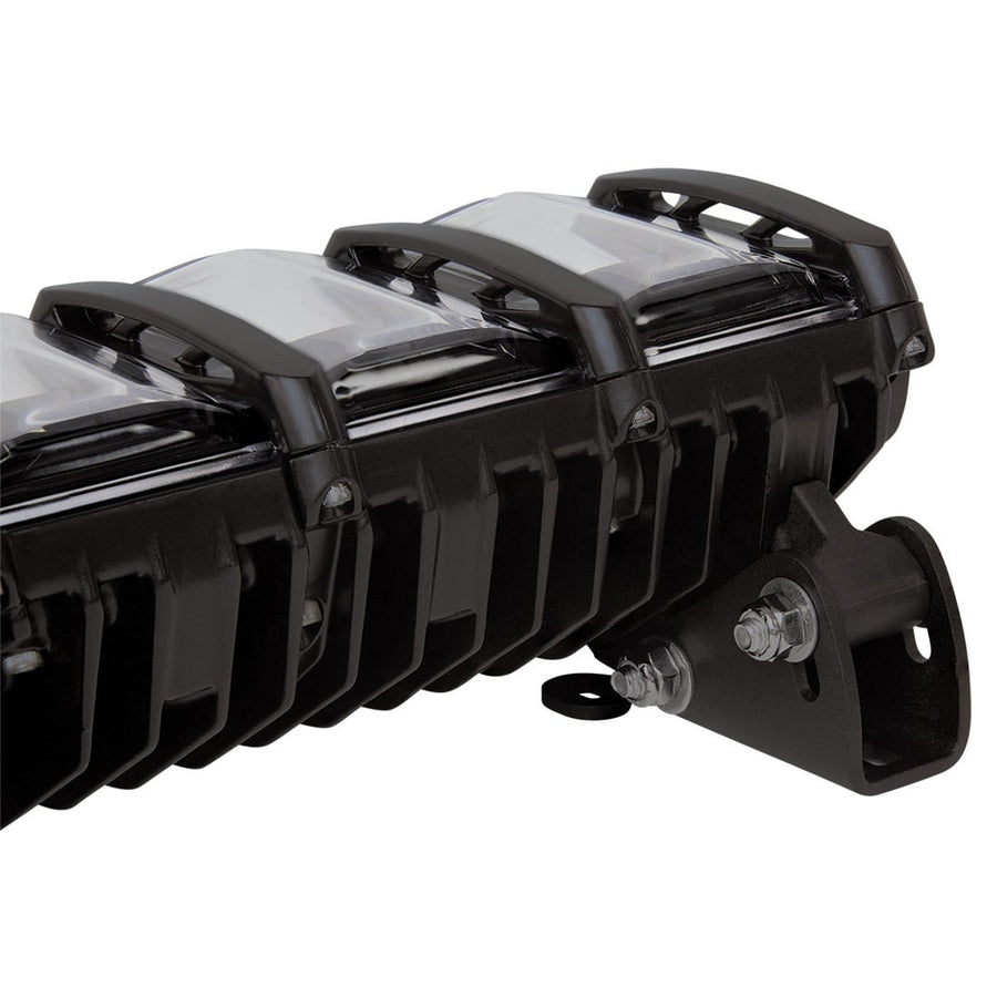 Light Mounts & Hardware by Rigid: A black stealth mount bracket bolted under the end of a Rigid Adapt light bar, shown close-up.