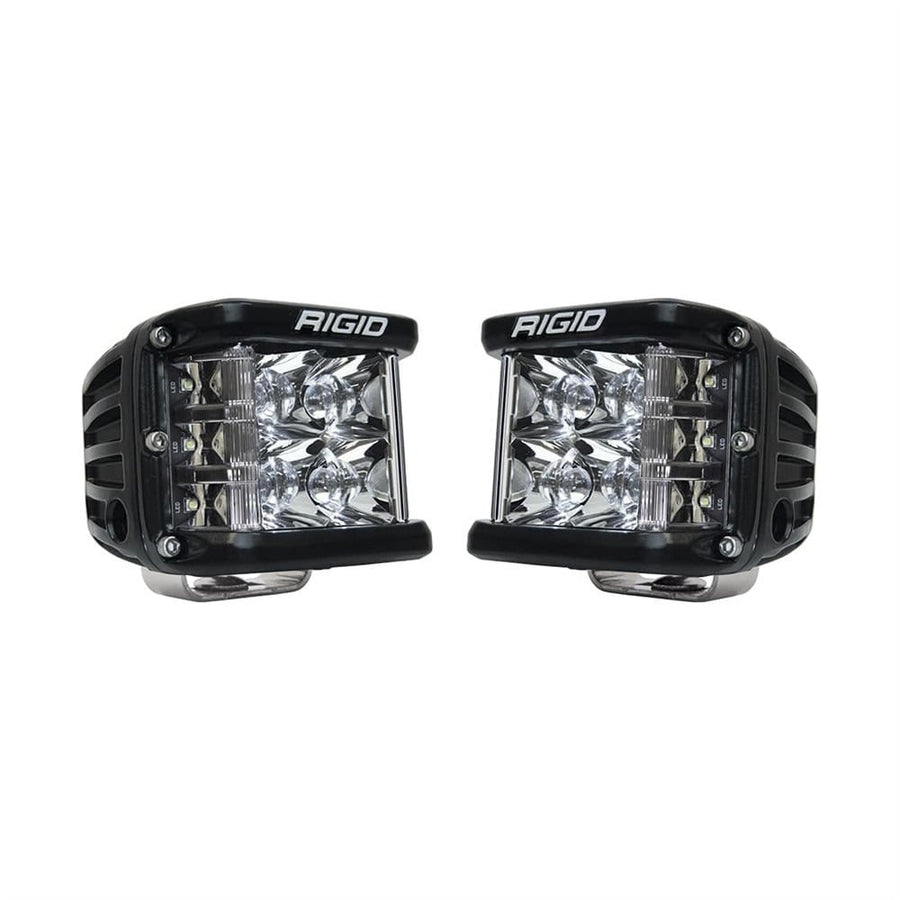 Vehicle-Specific Light Kits by Rigid: A pair of black square side-shooter LED pods with spot optics on a white background.