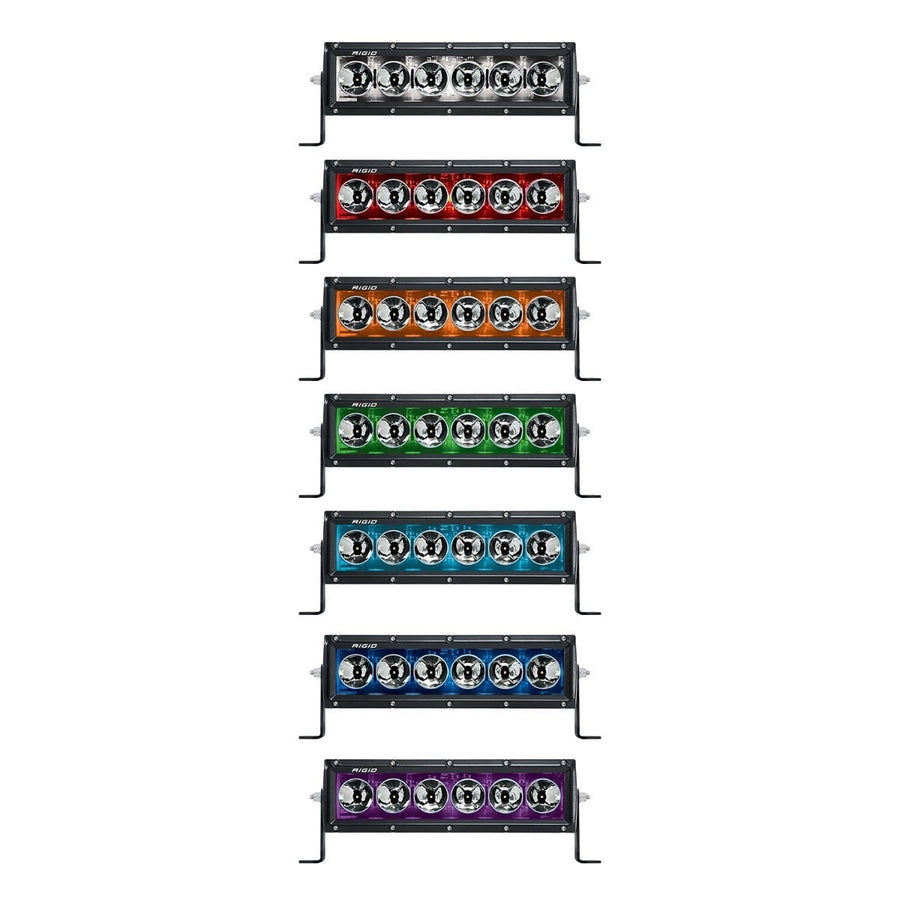 Radiance+ Backlit Lights by Rigid: Seven 10 inch Radiance+ bars stacked on white, each showing a different RGBW backlight color from white through red, orange, green, cyan, blue and purple.