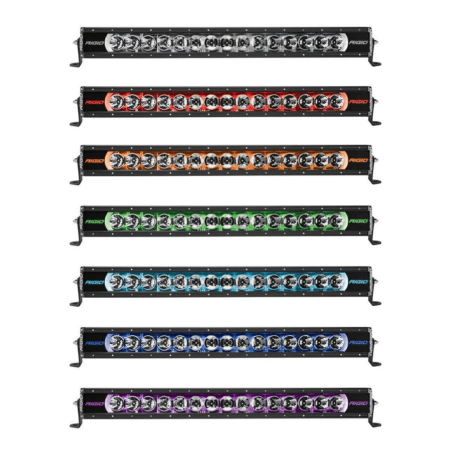 Radiance+ Backlit Lights by Rigid: Seven 20 inch Radiance+ bars stacked on white, each lit in a different RGBW backlight color.
