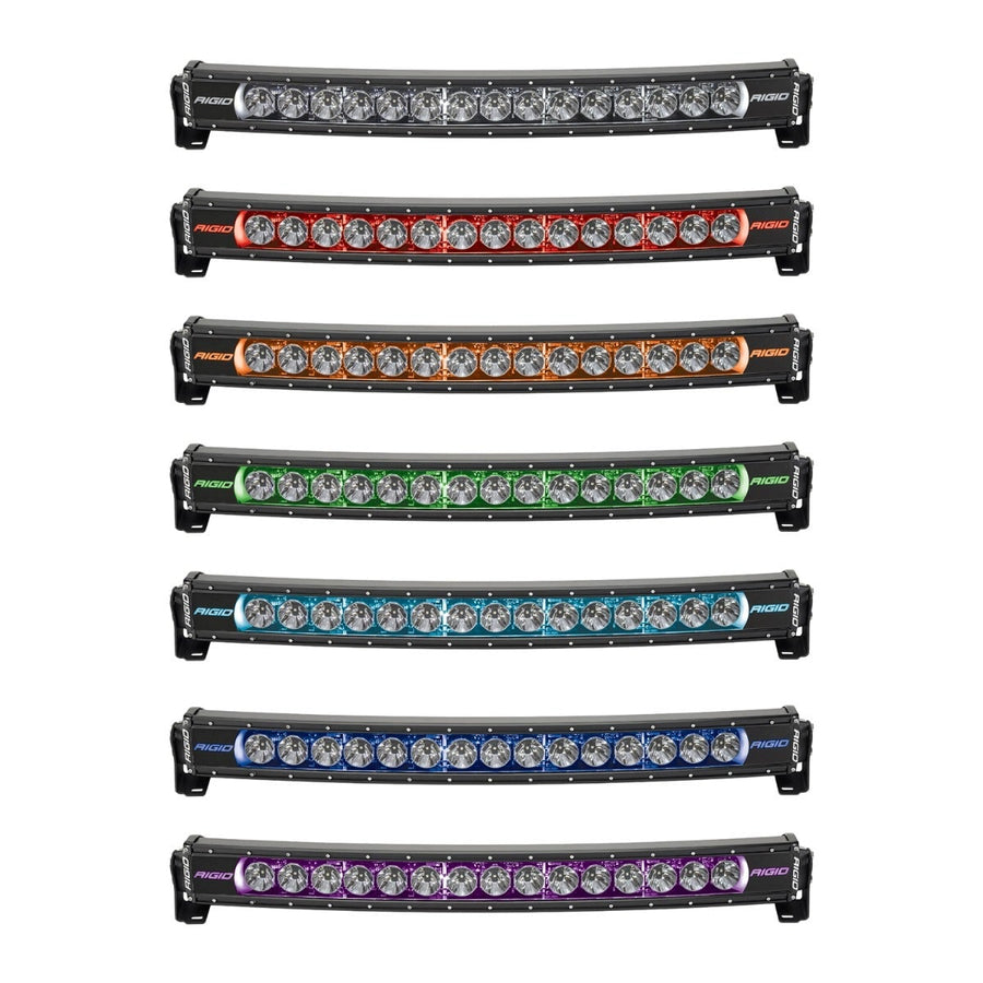 Radiance+ Backlit Lights by Rigid: Seven curved Radiance+ light bars stacked on white, each lit in a different RGBW backlight color.