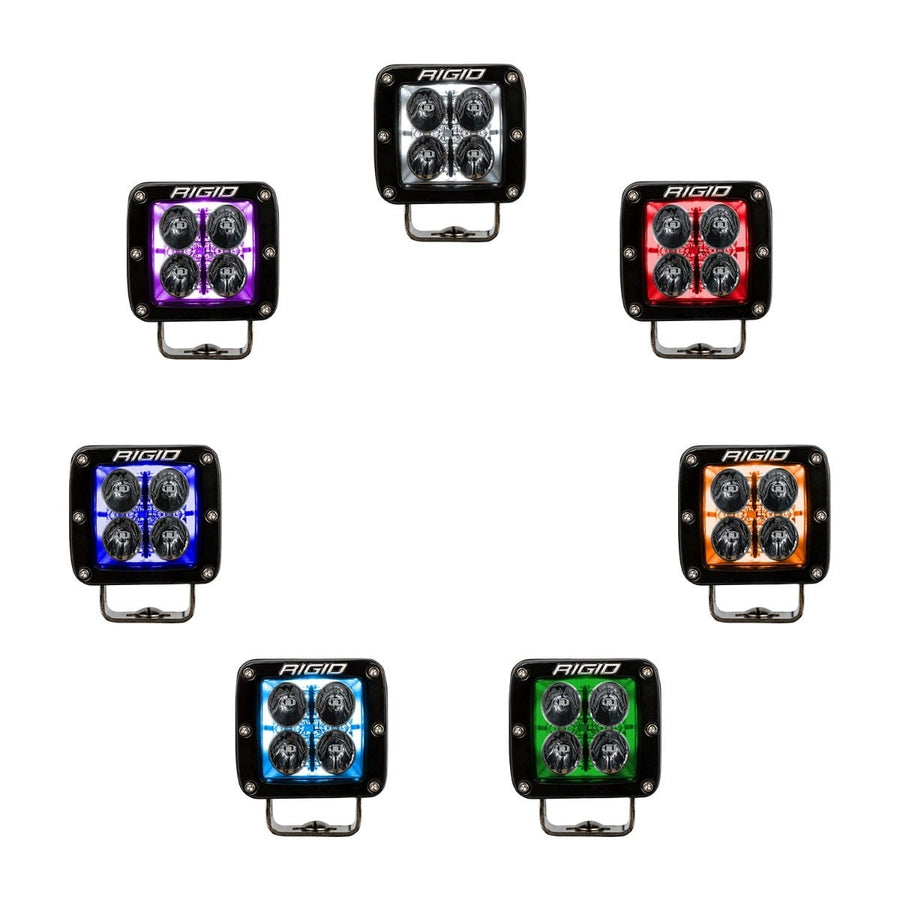 Radiance+ Backlit Lights by Rigid: Seven Radiance+ pods arranged in a circle on white, each lit in a different RGBW backlight color.