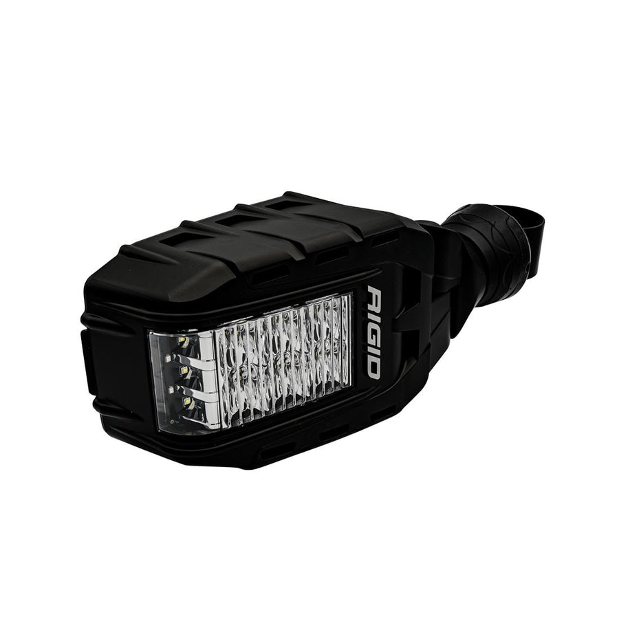 Other Lights by Rigid: Single black Reflect side mirror angled to show its built-in LED light and clamp mount on white.