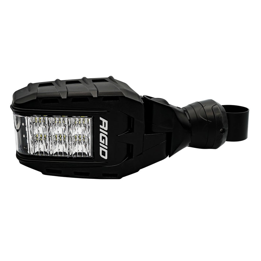 Other Lights by Rigid: Single black Reflect side mirror shown from the front with its rectangular LED light and clamp mount on white.